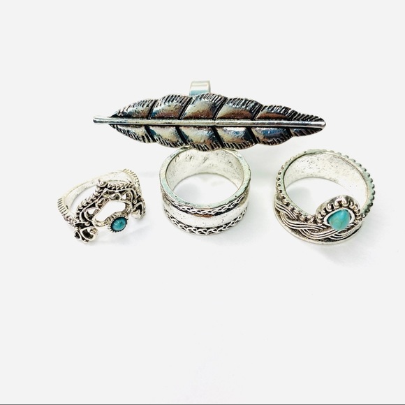 Grand Feather Turquoise Silver Tone Ring Set of 4 - Picture 4 of 4